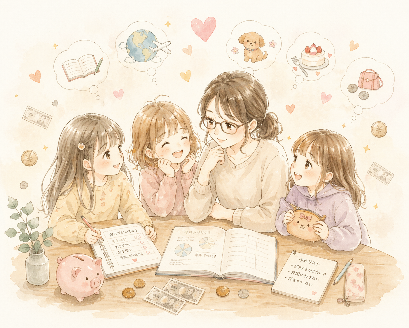 ママと3姉妹のイラスト