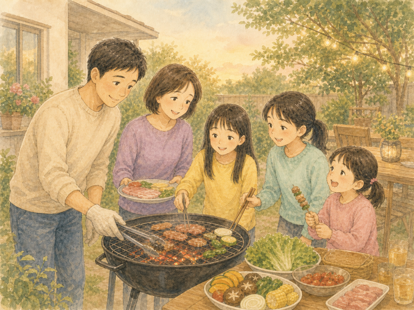 庭でバーベキューをする家族