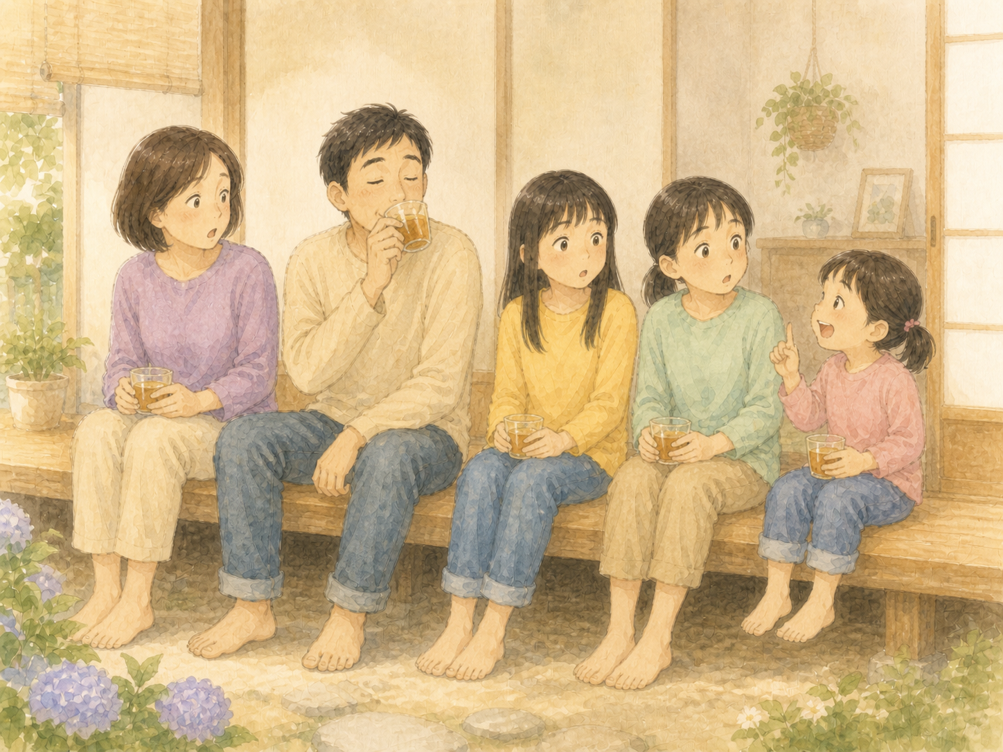 縁側で麦茶を飲む家族