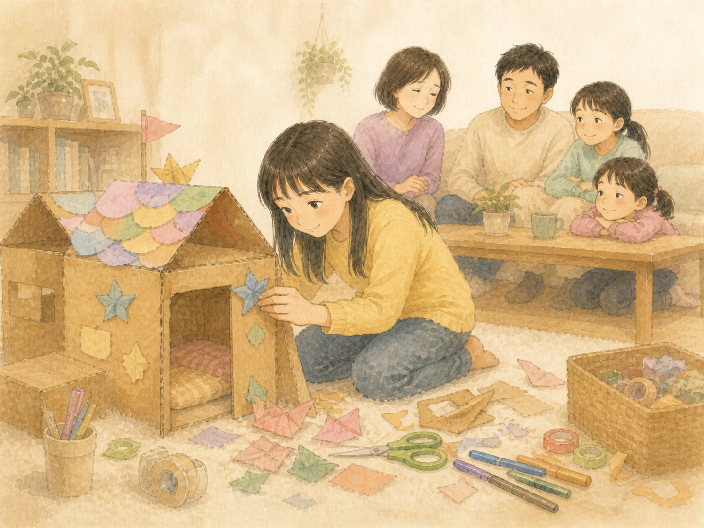 段ボールで秘密基地を作る次女