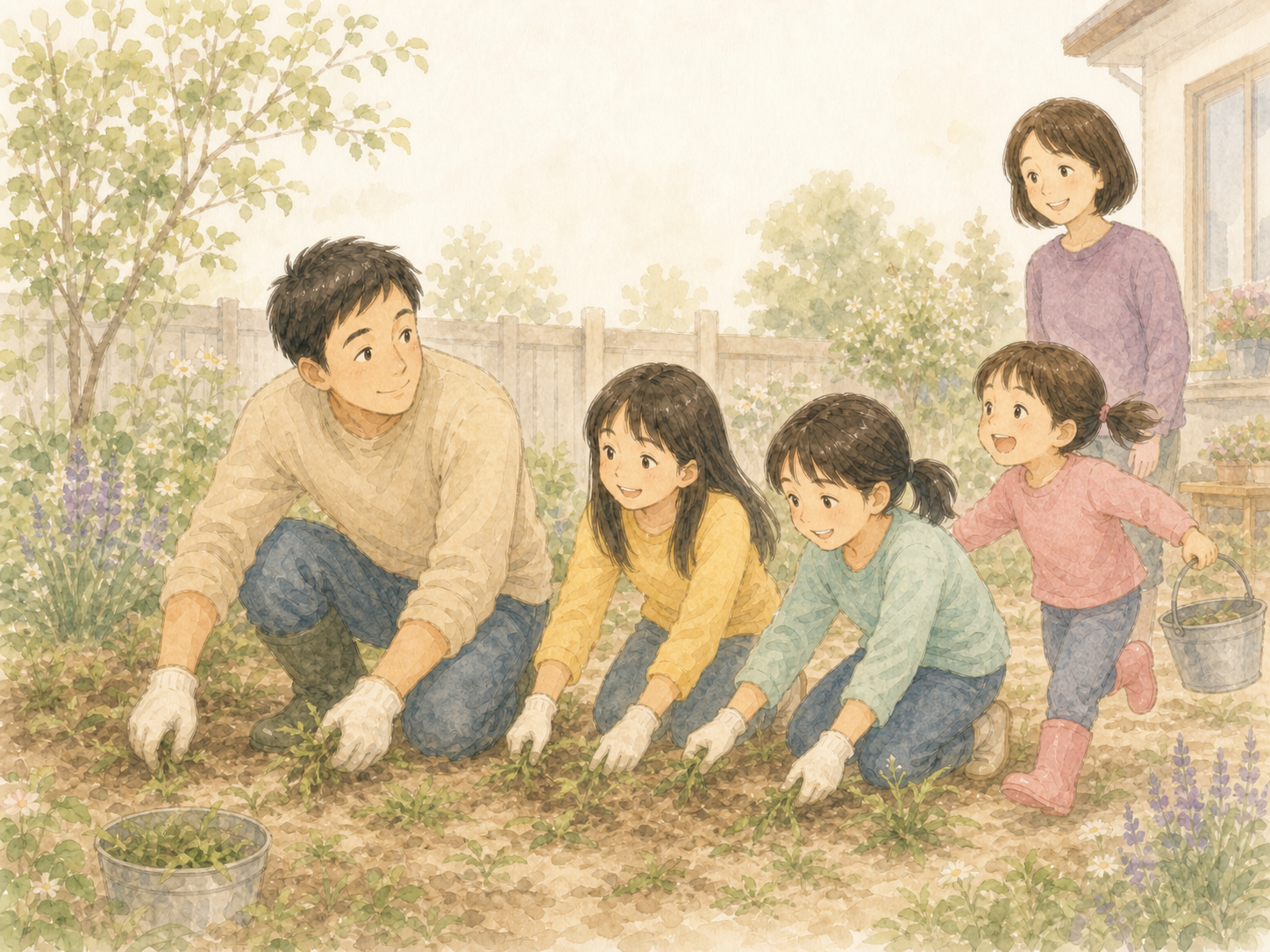 庭で草むしりをする家族