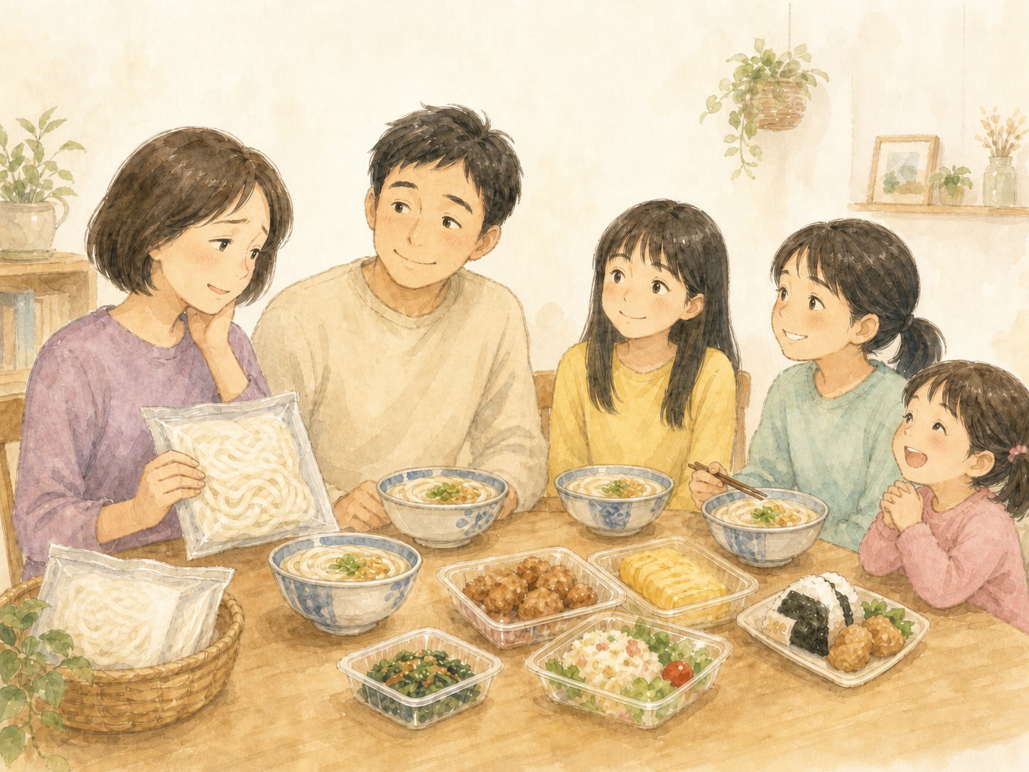 冷凍うどんとお惣菜を囲む家族