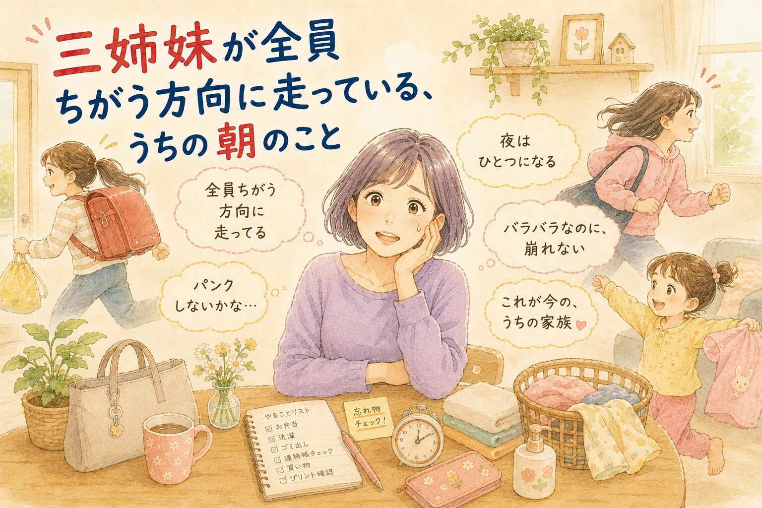 三姉妹が全員ちがう方向に走っている、うちの朝のこと