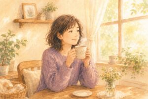 窓辺で湯気の立つお茶を手に、ほっとひと息ついている女性