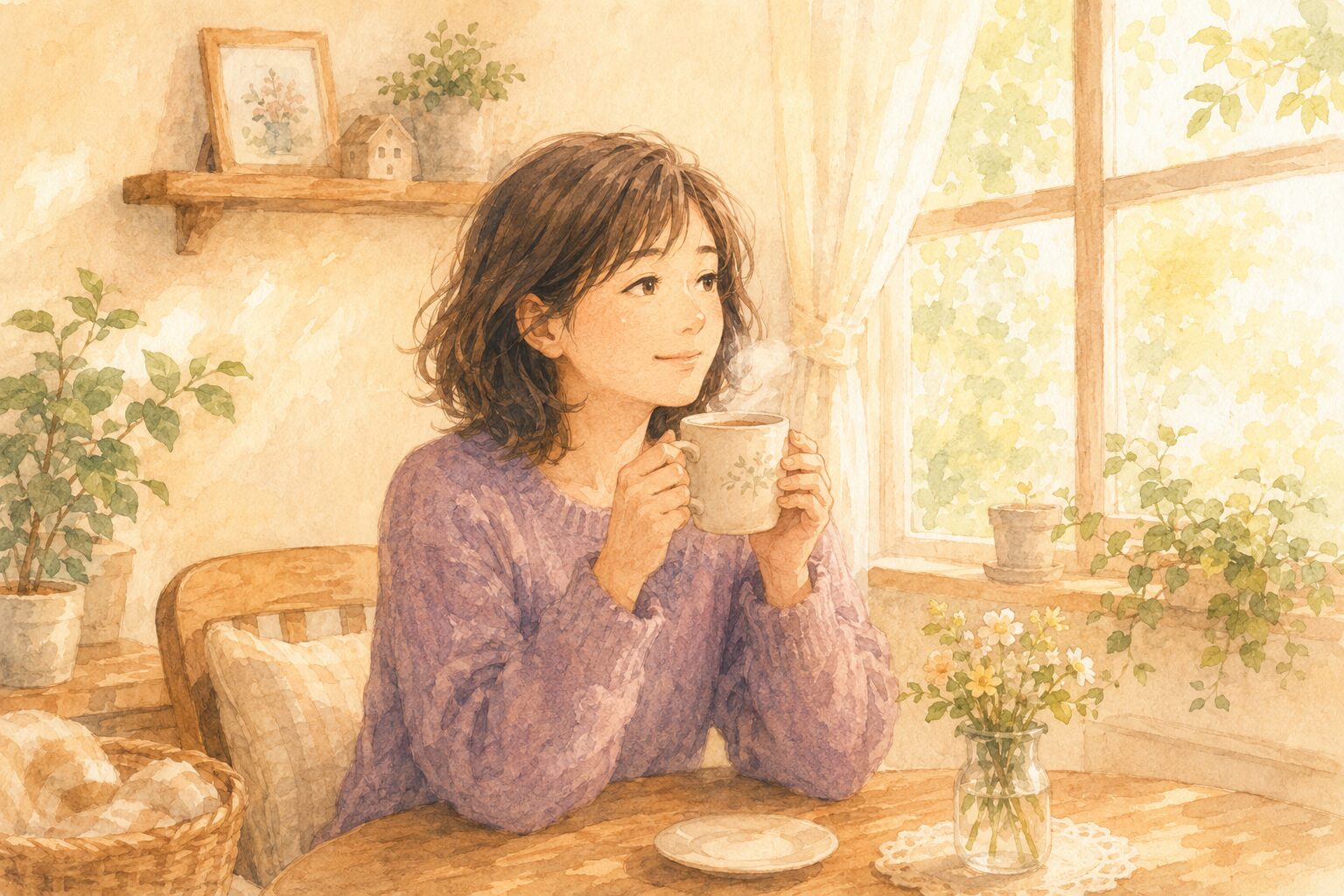 窓辺で湯気の立つお茶を手に、ほっとひと息ついている女性