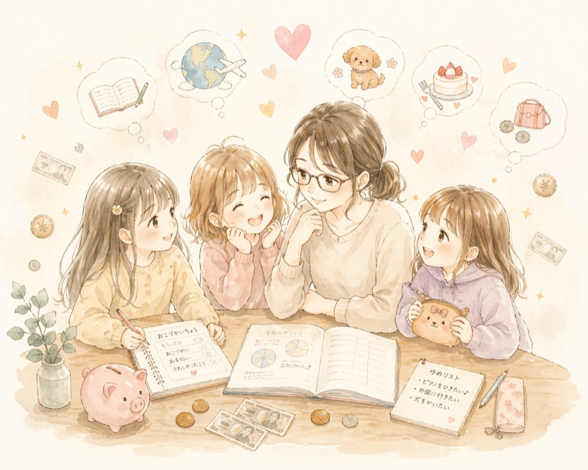 ママと3姉妹のイラスト