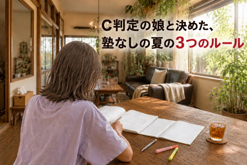 リビングの机で問題集を開いて勉強する中学生の後ろ姿。C判定の娘と決めた塾なしの夏の3つのルール