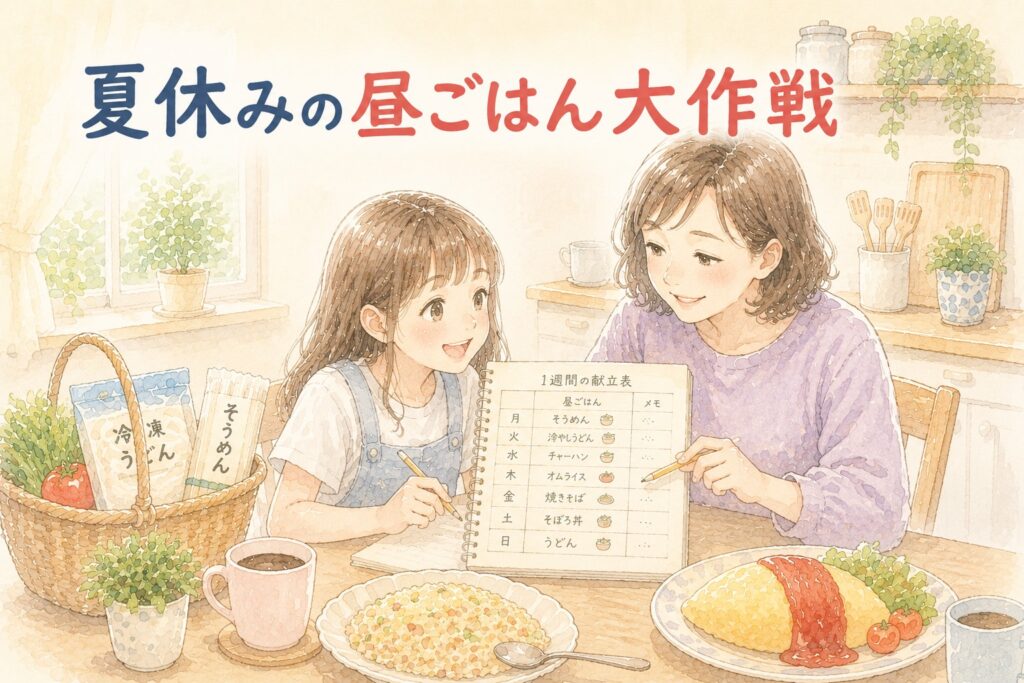 夏休みの昼ごはん大作戦。キッチンで1週間の献立表を一緒に書く母と娘のイラスト