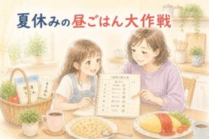 夏休みの昼ごはん大作戦。キッチンで1週間の献立表を一緒に書く母と娘のイラスト