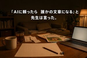 夜のリビングのテーブルに置かれた、まっさらな原稿用紙と鉛筆、レシート、光るノートパソコン