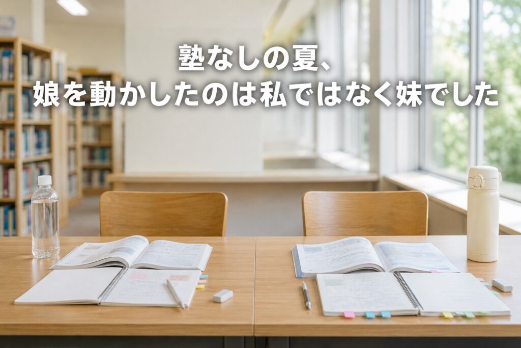 図書館の自習室に並んだ2人ぶんの机と問題集