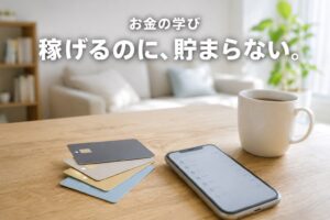 明るいリビングのテーブルに置かれたクレジットカードとスマートフォン