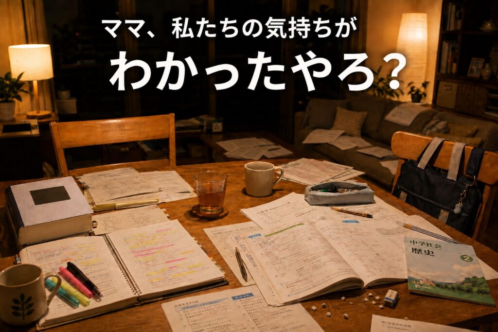 夜のリビングのテーブルに、大人の専門書と中学生の問題集が並んで置かれている