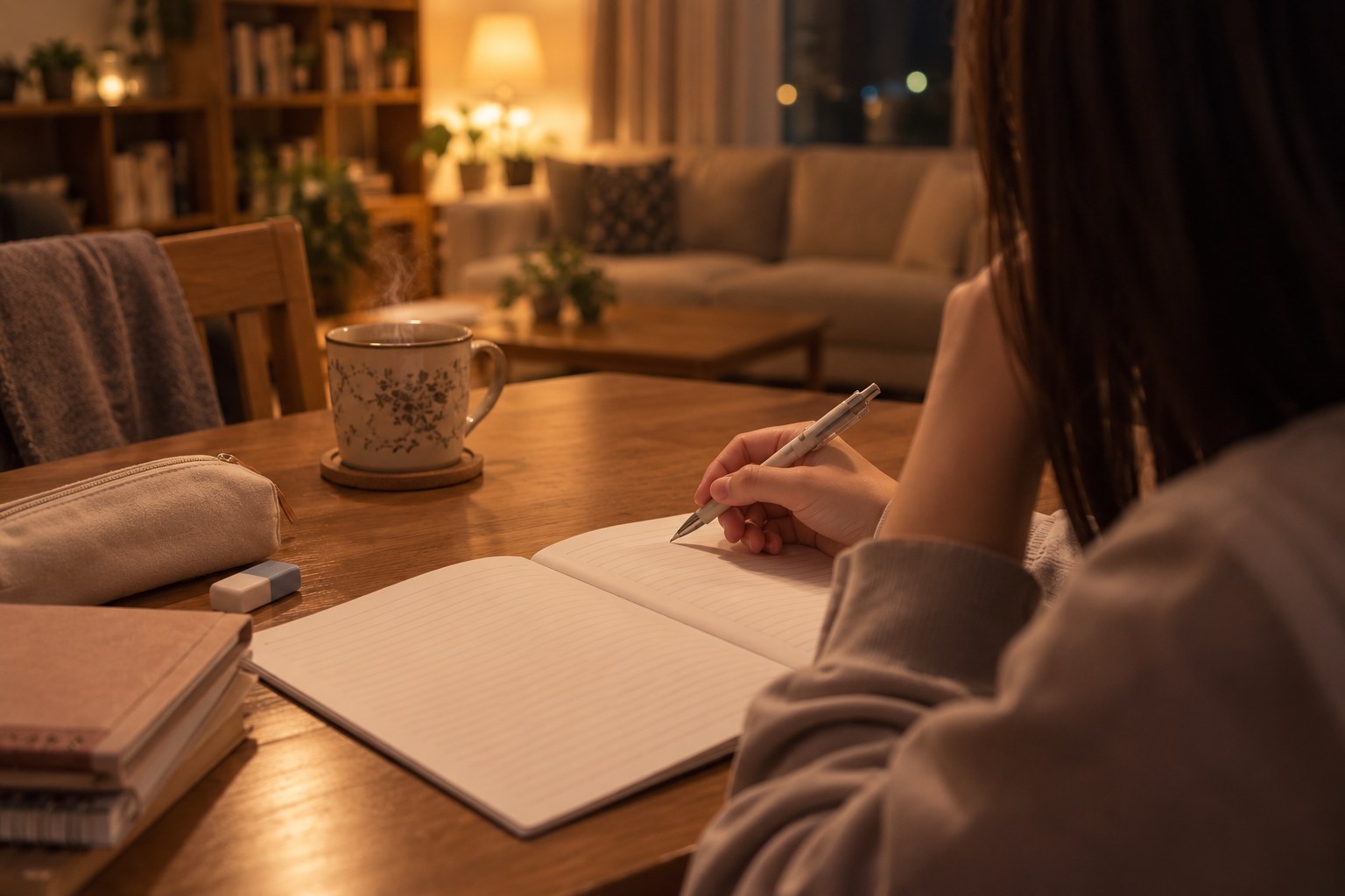 夜のリビングのテーブルで、開いた白紙のノートにペンを置いたまま手が止まっている中学生の後ろ姿