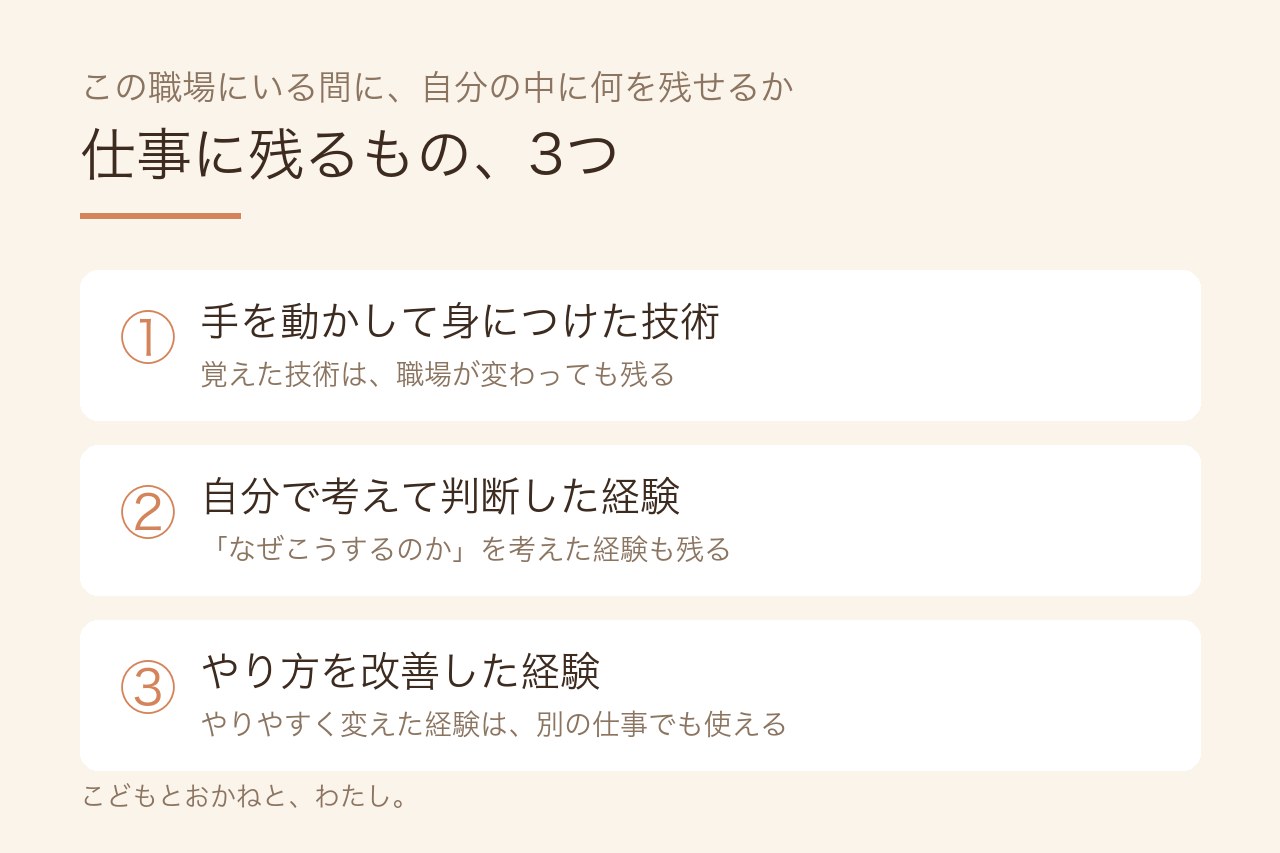 仕事に残るもの3つ　①手を動かして身につけた技術　②自分で考えて判断した経験　③やり方を改善した経験
