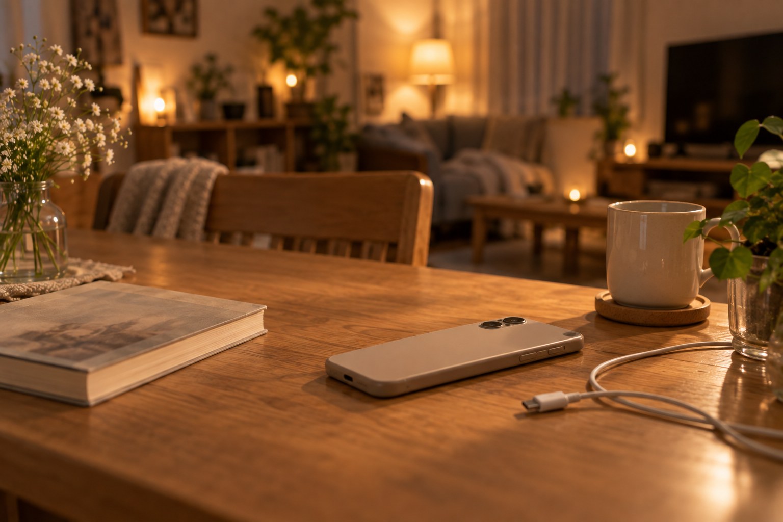 夜のリビングのテーブルに、画面を下にして置かれたスマートフォンと充電ケーブル、閉じた本とマグカップ